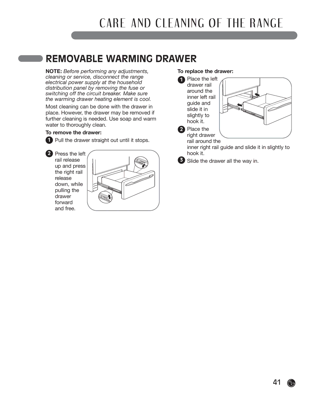 LG Electronics LRG30855ST, LRG30355ST, LRG30355SW, LRG30355SB manual Removable Warming Drawer, To remove the drawer 