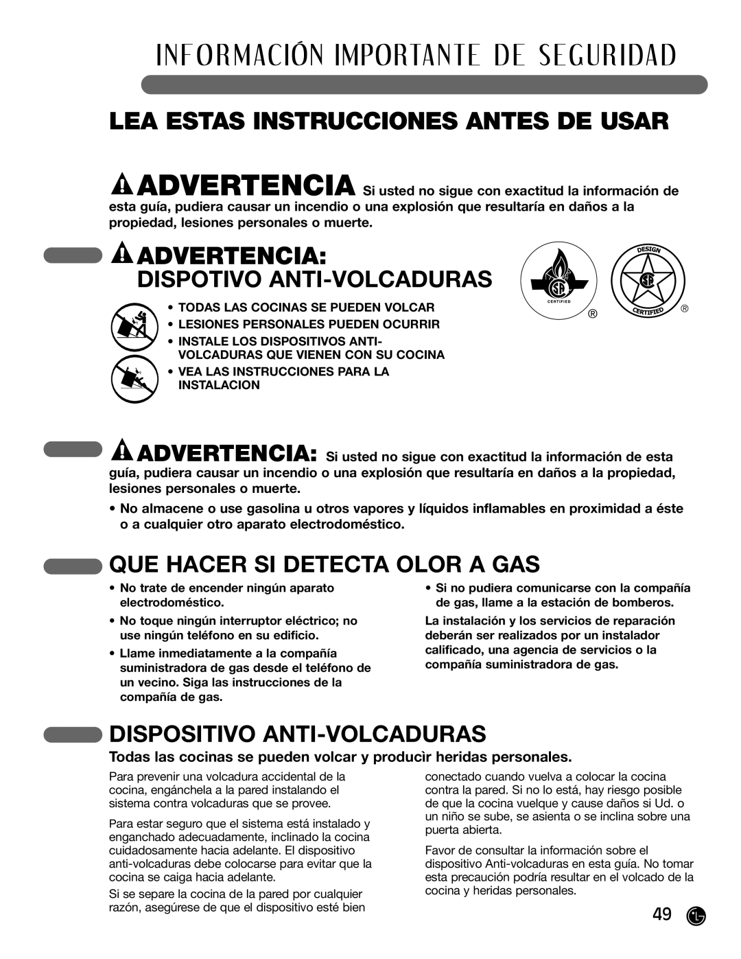 LG Electronics LRG30355SB manual Dispotivo ANTI-VOLCADURAS, QUE Hacer SI Detecta Olor a GAS, Dispositivo ANTI-VOLCADURAS 