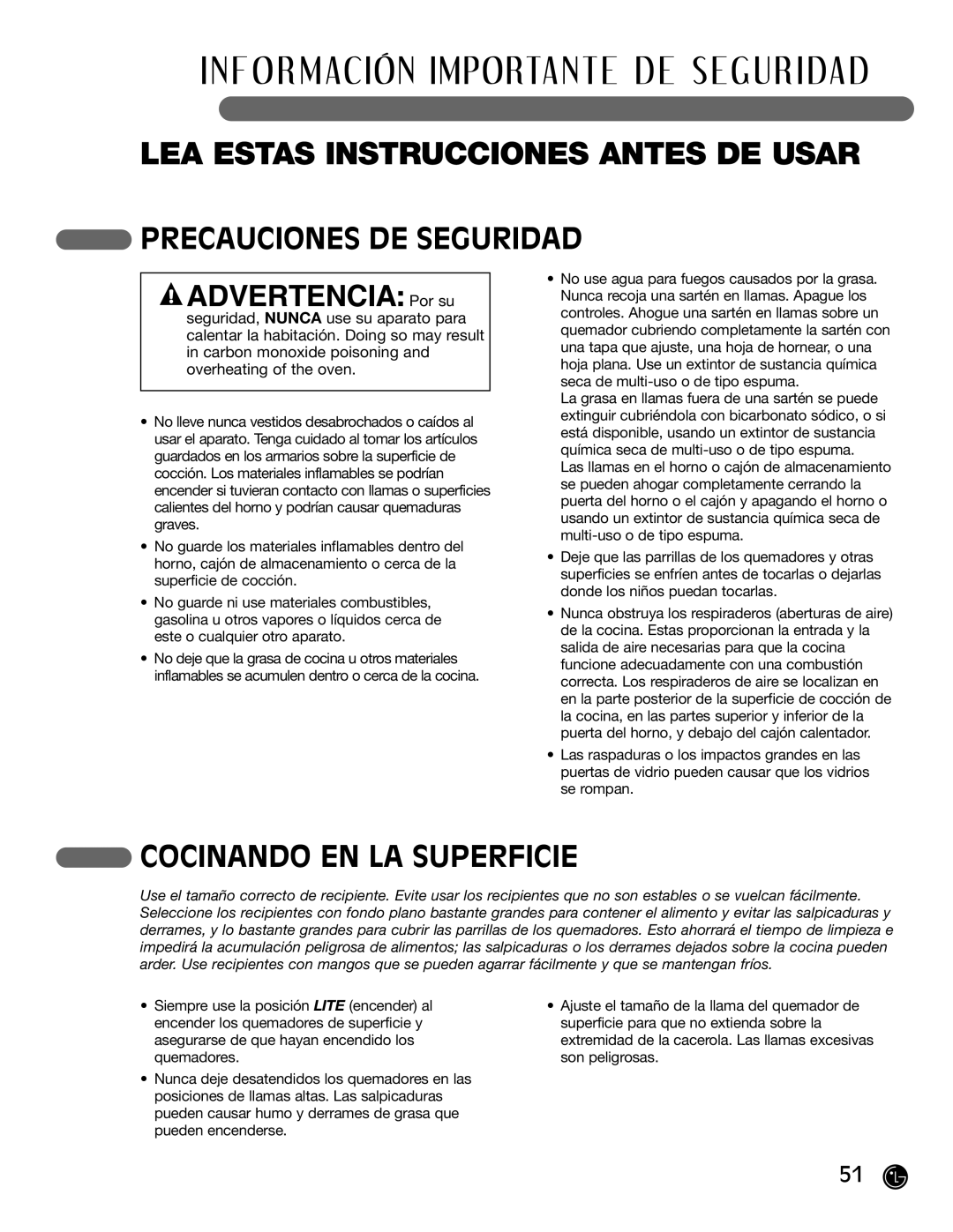 LG Electronics LRG30355SW, LRG30355SB manual Advertencia Por su, Cocinando EN LA Superficie 