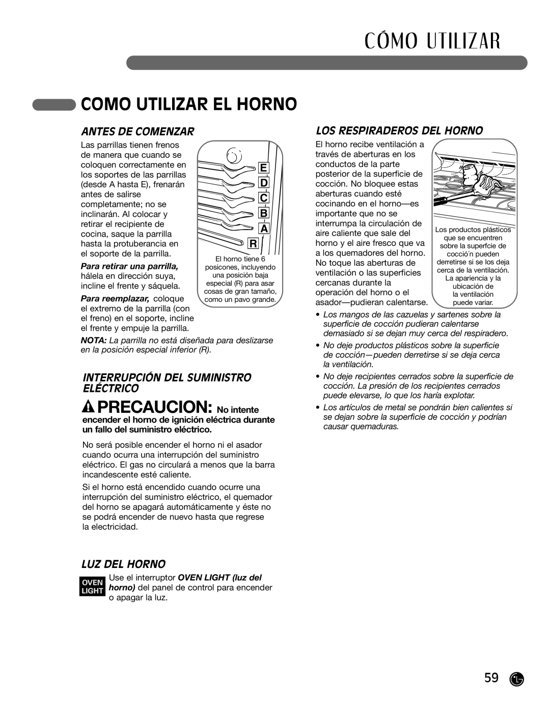 LG Electronics LRG30855ST, LRG30355ST, LRG30355SW, LRG30355SB manual Como Utilizar EL Horno, LOS Respiraderos DEL Horno 