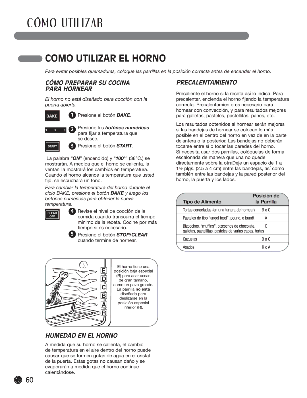 LG Electronics LRG30355SW, LRG30355SB manual Cómo Preparar SU Cocina Para Hornear, Precalentamiento, Humedad EN EL Horno 