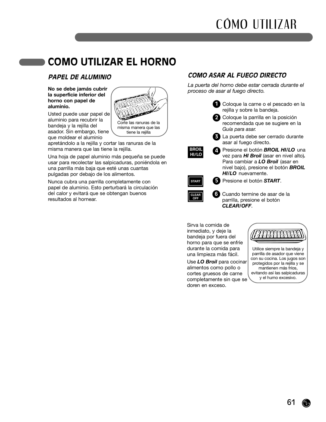 LG Electronics LRG30355SB, LRG30355SW manual Papel DE Aluminio, Como Asar AL Fuego Directo 