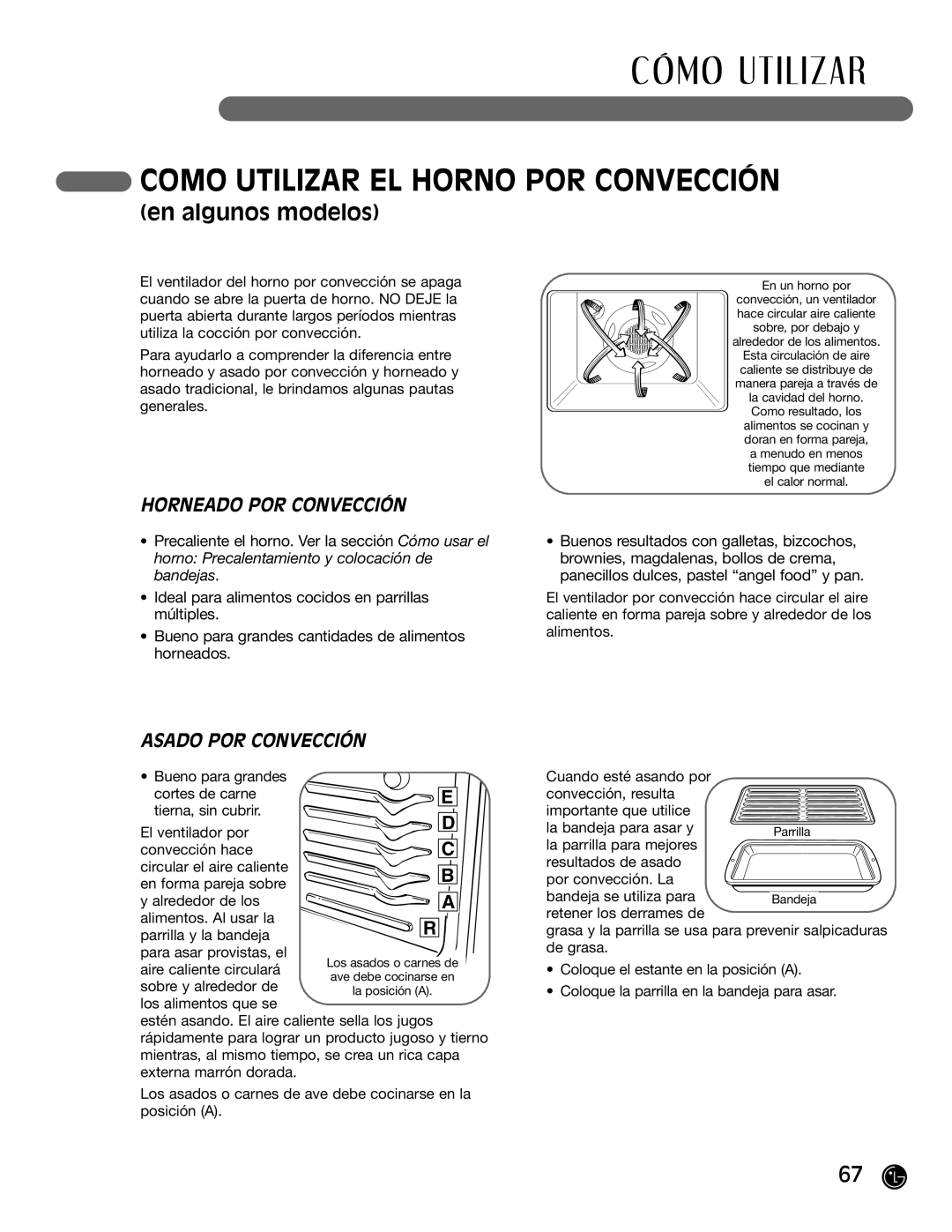 LG Electronics LRG30355SB, LRG30355SW Como Utilizar EL Horno POR Convección, Horneado POR Convección, Asado POR Convección 