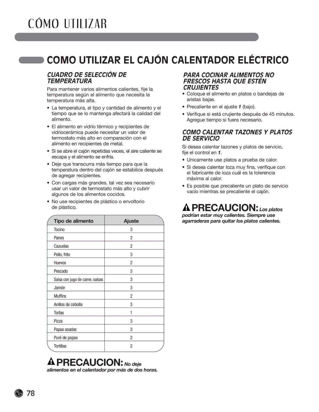 LG Electronics LRG30355SW, LRG30355SB manual Como Utilizar EL Cajón Calentador Eléctrico, Cuadro DE Selección DE Temperatura 