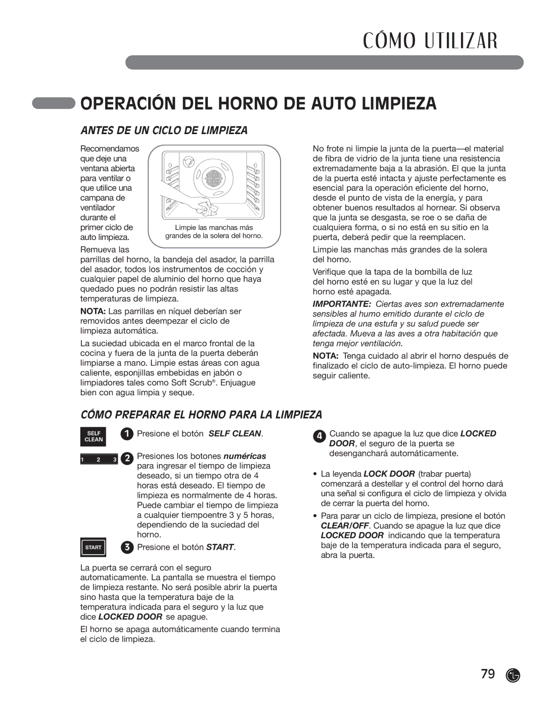 LG Electronics LRG30355SB, LRG30355SW manual Operación DEL Horno DE Auto Limpieza, Antes DE UN Ciclo DE Limpieza 