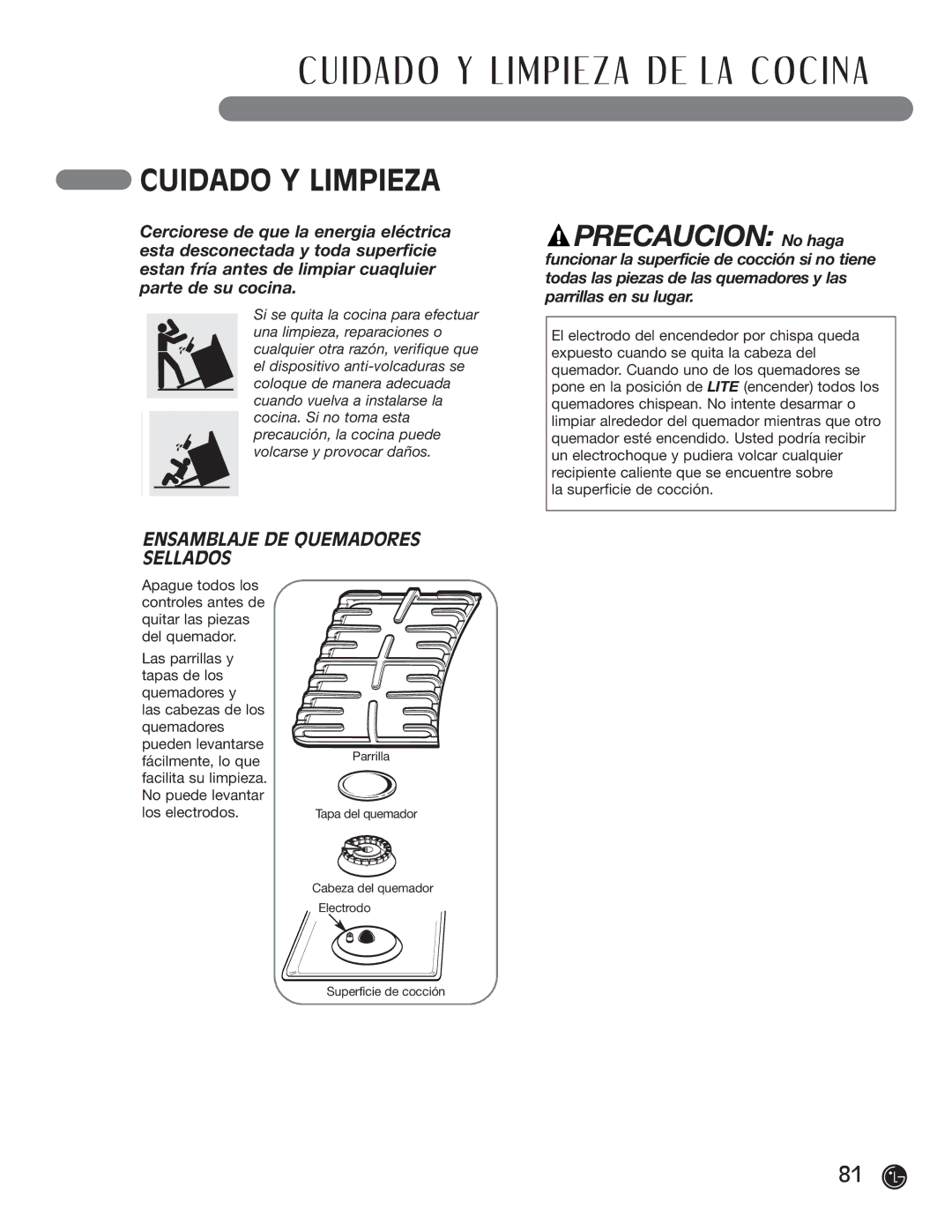 LG Electronics LRG30355SW, LRG30355SB manual Cuidado Y Limpieza, Ensamblaje DE Quemadores Sellados, Fácilmente, lo que 