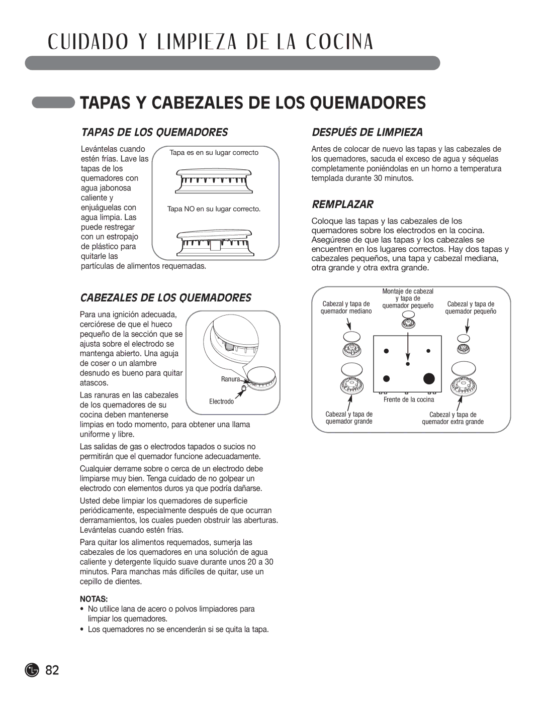 LG Electronics LRG30355SB I DA D O Y L I M P I E Z a D E L a C O C I N a, Tapas Y Cabezales DE LOS Quemadores, Remplazar 