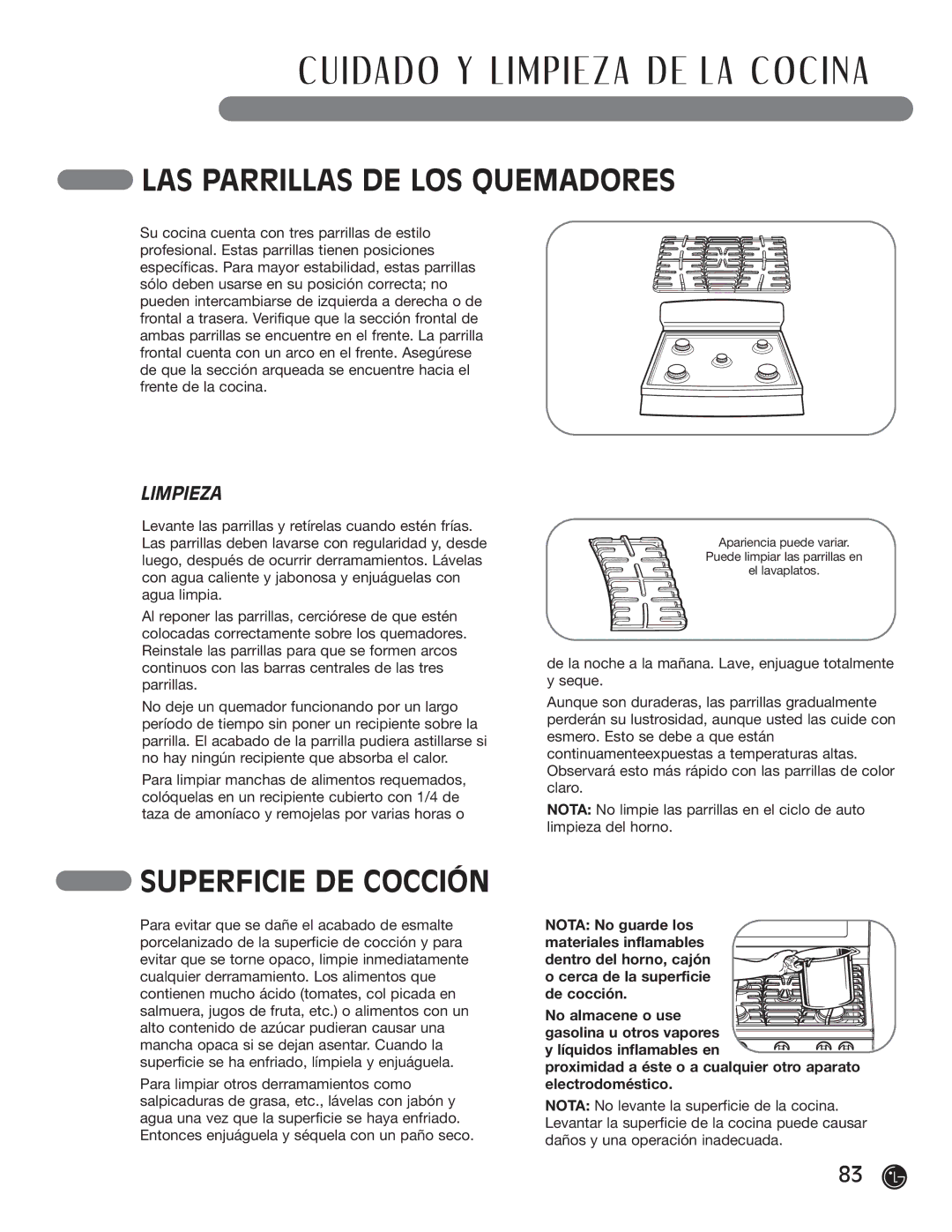 LG Electronics LRG30855ST, LRG30355ST, LRG30355SW, LRG30355SB manual LAS Parrillas DE LOS Quemadores, Superficie DE Cocción 