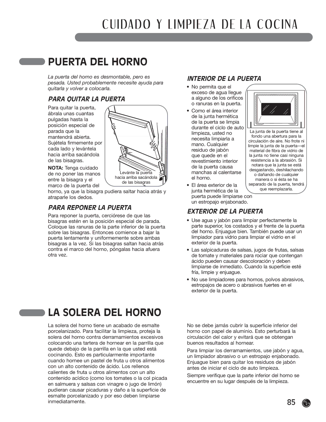 LG Electronics LRG30855ST, LRG30355ST, LRG30355SW, LRG30355SB manual Puerta DEL Horno, LA Solera DEL Horno 