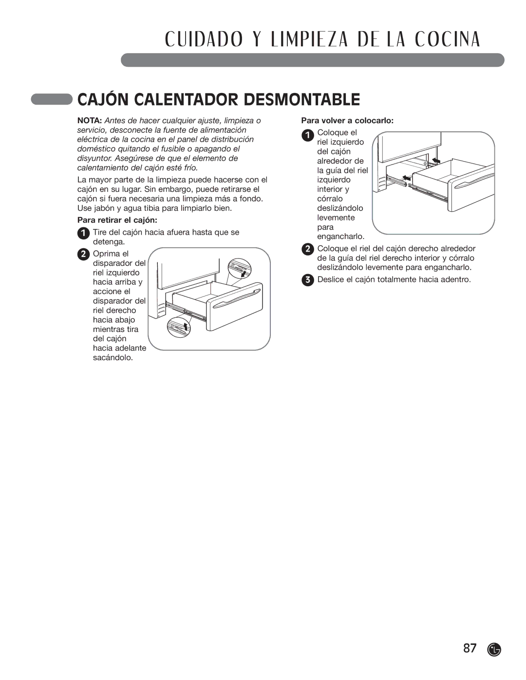 LG Electronics LRG30355SW, LRG30355SB manual Cajón Calentador Desmontable, Para retirar el cajón, Para volver a colocarlo 