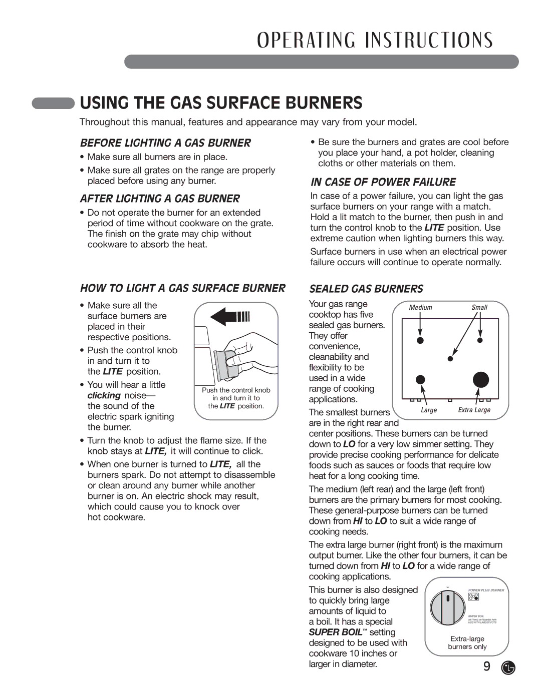 LG Electronics LRG30355SW, LRG30355SB manual E R At I N G I N S T Ru C T I O N S, Using the GAS Surface Burners 