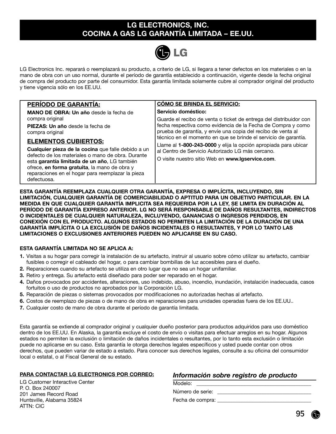 LG Electronics LRG30855ST, LRG30355ST, LRG30355SW, LRG30355SB Mano DE Obra Un año desde la fecha de Servicio doméstico 