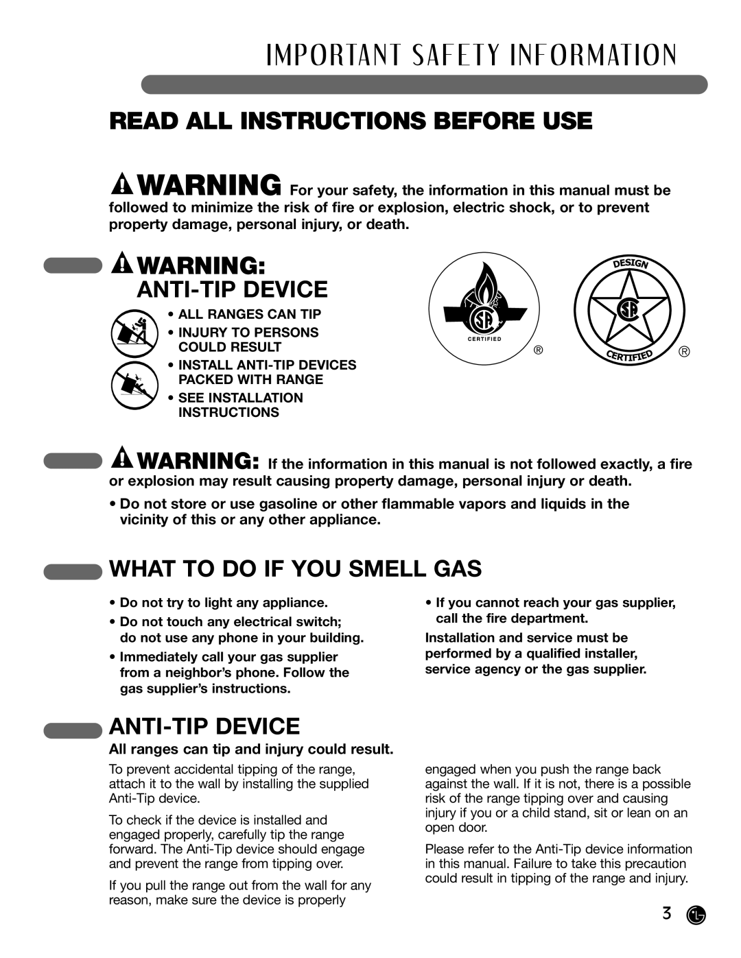 LG Electronics LRG30357SW, LRG30357ST, LRG30357SB manuel dutilisation ANTI-TIP Device, What to do if YOU Smell GAS 