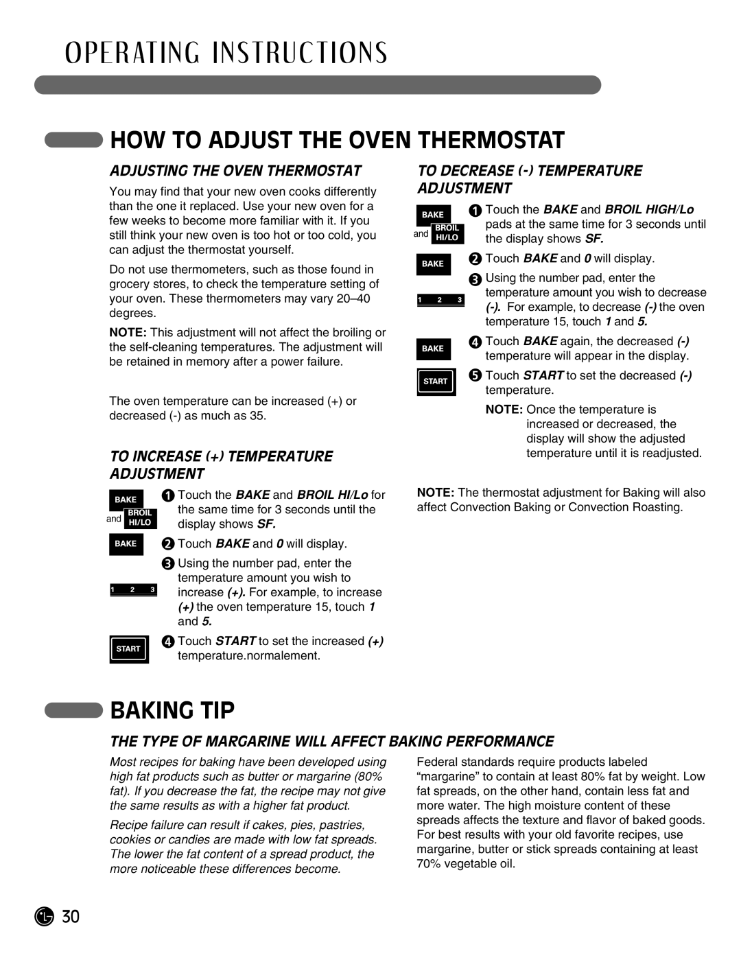 LG Electronics LRG30357SW, LRG30357ST, LRG30357SB manuel dutilisation HOW to Adjust the Oven Thermostat, Baking TIP 