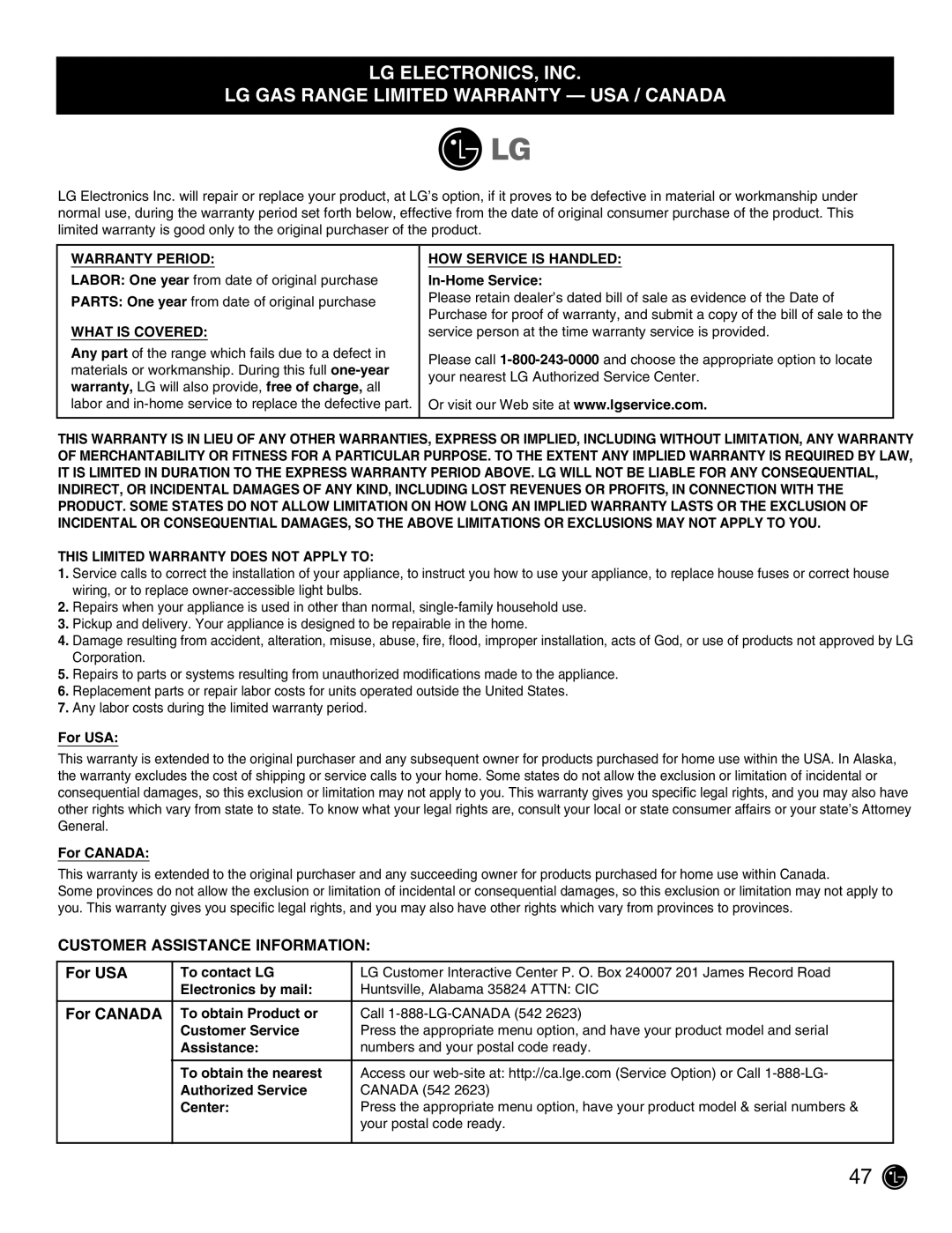 LG Electronics LRG30357SB, LRG30357SW, LRG30357ST manuel dutilisation Customer Assistance Information 