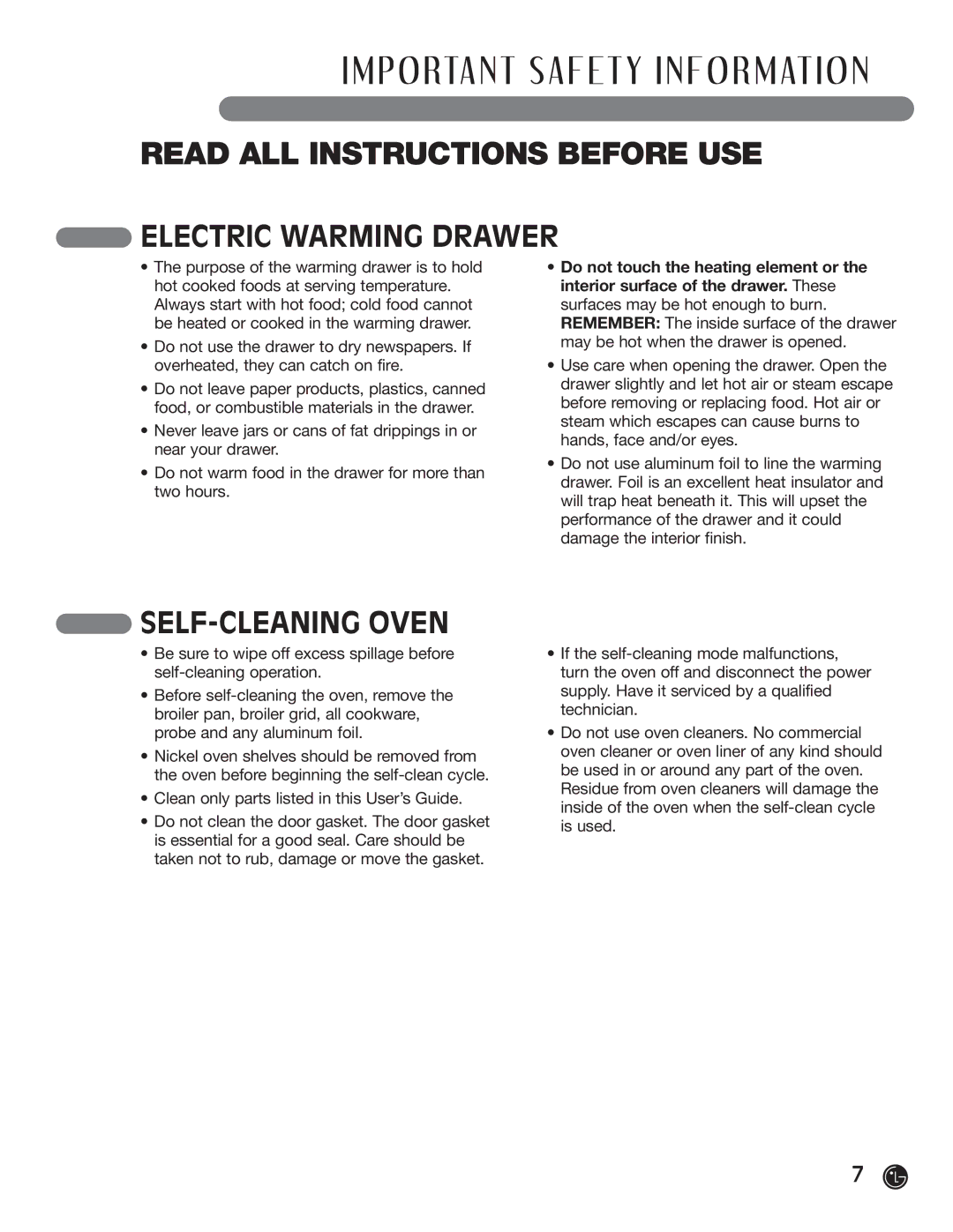LG Electronics LRG30357ST Electric Warming Drawer, SELF-CLEANING Oven, Clean only parts listed in this User’s Guide 