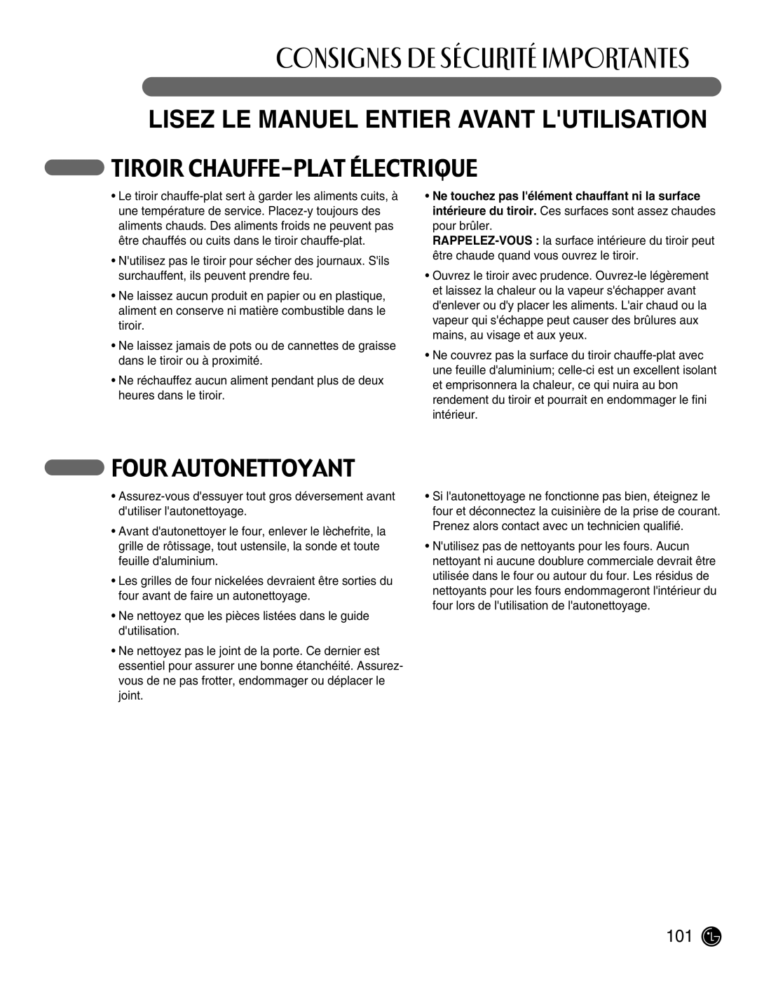 LG Electronics LRG30355ST, LRG30855ST manuel dutilisation Tiroir CHAUFFE-PLAT Électrique, Four Autonettoyant 