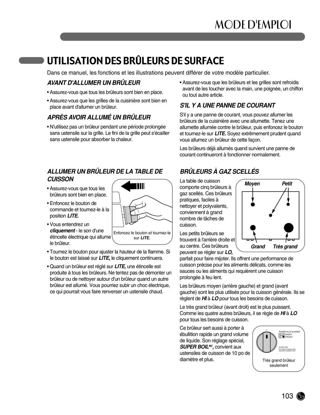 LG Electronics LRG30355ST Utilisation DES Brûleurs DE Surface, Avant Dallumer UN Brûleur, Après Avoir Allumé UN Brûleur 