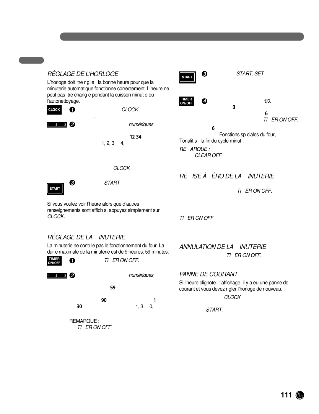 LG Electronics LRG30355ST Horloge ET Minuterie, Réglage DE Lhorloge, Réglage DE LA Minuterie, Annulation DE LA Minuterie 