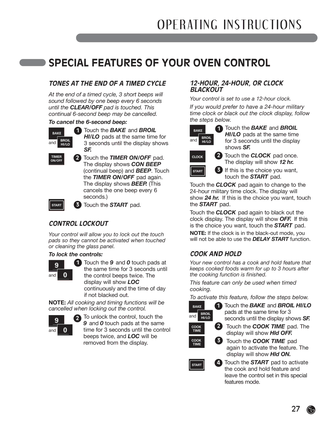 LG Electronics LRG30355ST, LRG30855ST Tones AT the END of a Timed Cycle, Control Lockout, HOUR, 24-HOUR, or Clock Blackout 