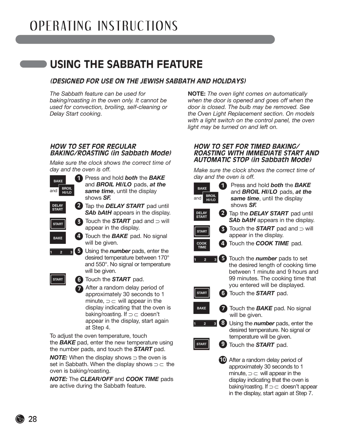 LG Electronics LRG30855ST, LRG30355ST Using the Sabbath Feature, Designed for USE on the Jewish Sabbath and Holidays 