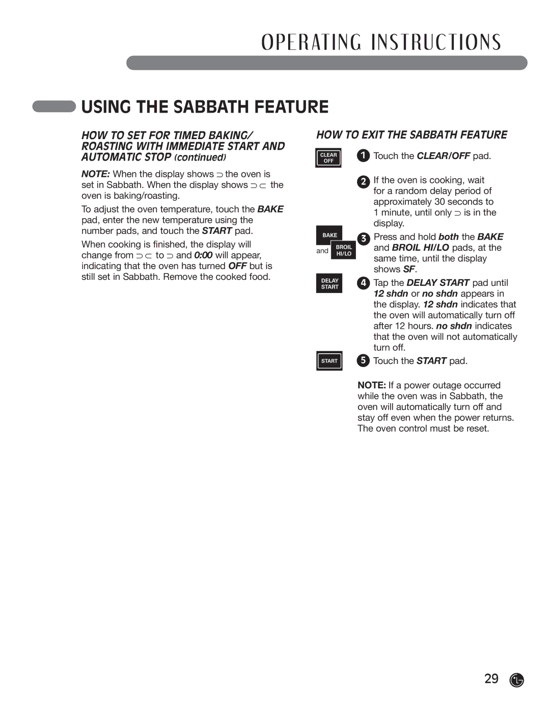 LG Electronics LRG30355ST, LRG30855ST manuel dutilisation HOW to Exit the Sabbath Feature, Press and hold both the Bake 