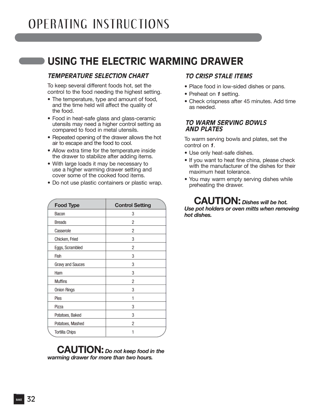 LG Electronics LRG30855ST, LRG30355ST Temperature Selection Chart, To Crisp Stale Items, To Warm Serving Bowls Plates 