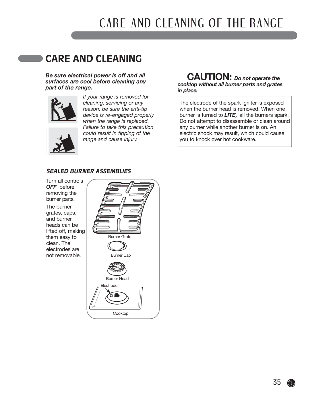 LG Electronics LRG30355ST, LRG30855ST manuel dutilisation Care and Cleaning, Sealed Burner Assemblies 