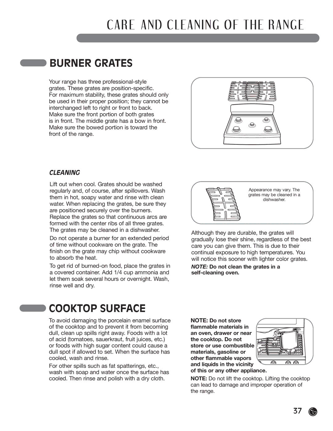 LG Electronics LRG30355ST Burner Grates, Cooktop Surface, Cleaning, Liquids in the vicinity This or any other appliance 