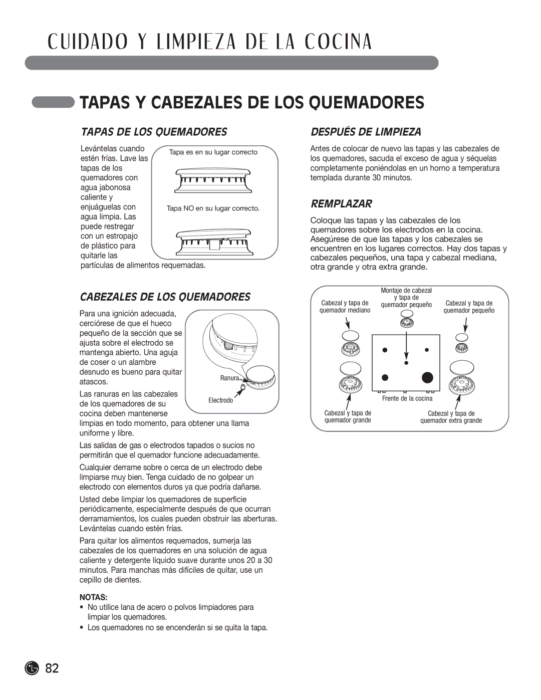 LG Electronics LRG30855ST, LRG30355ST Tapas Y Cabezales DE LOS Quemadores, Tapas DE LOS Quemadores, Remplazar 