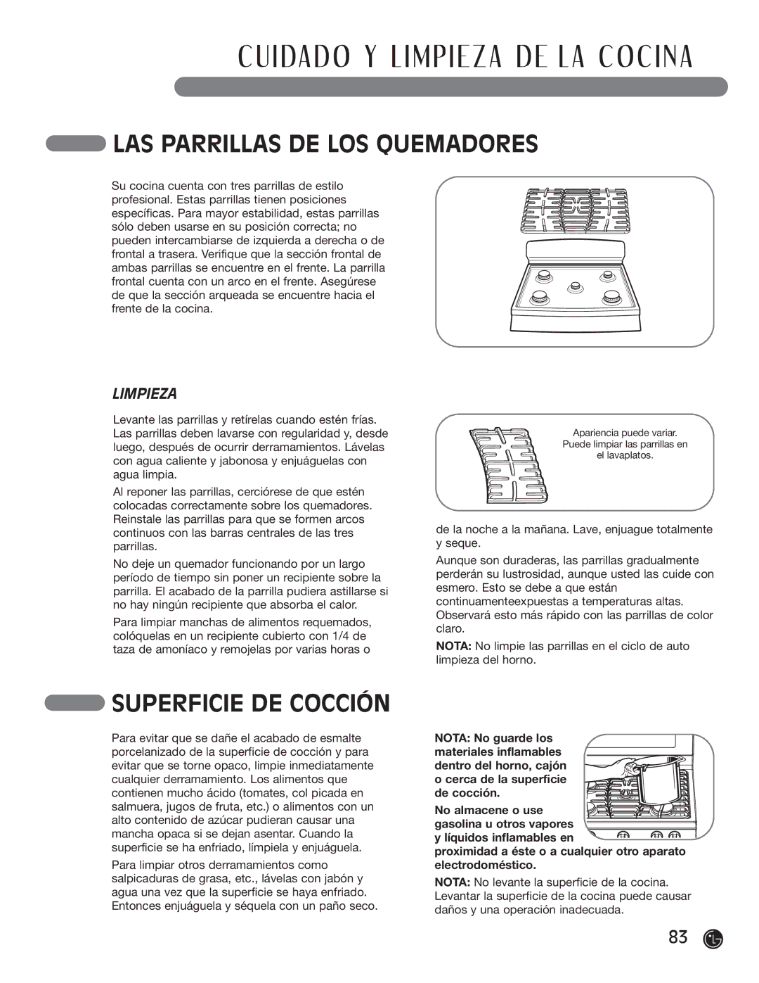 LG Electronics LRG30355ST, LRG30855ST manuel dutilisation LAS Parrillas DE LOS Quemadores, Superficie DE Cocción, Limpieza 