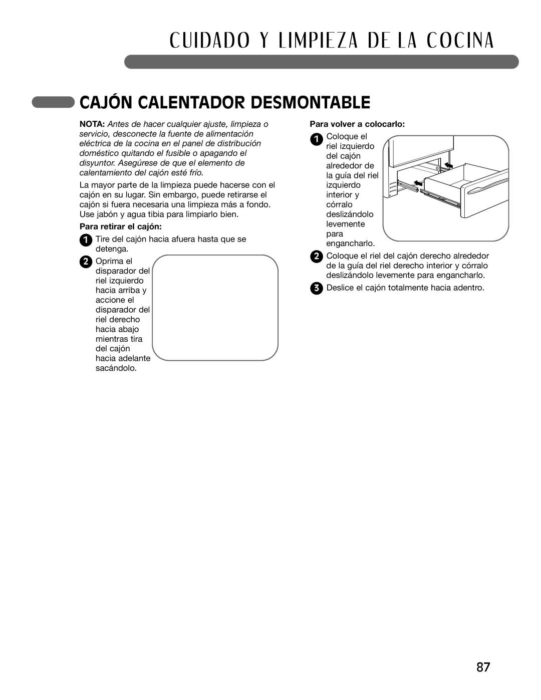 LG Electronics LRG30355ST, LRG30855ST Cajón Calentador Desmontable, Para retirar el cajón, Para volver a colocarlo 