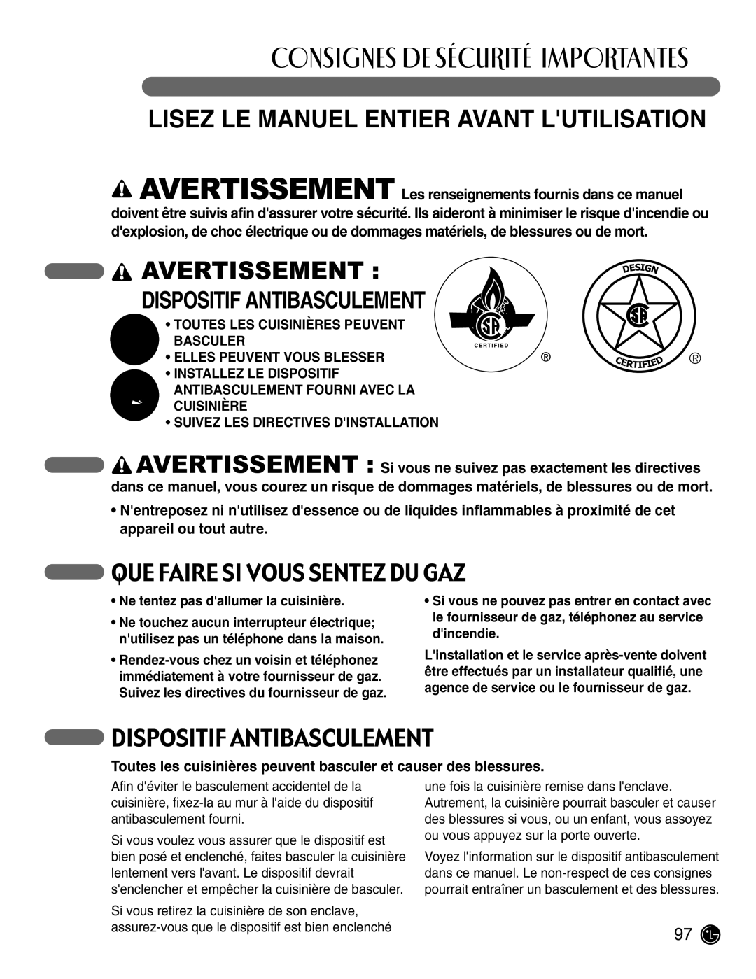 LG Electronics LRG30355ST Consignes DE Sécurité Importantes, QUE Faire SI Vous Sentez DU GAZ, Dispositif Antibasculement 