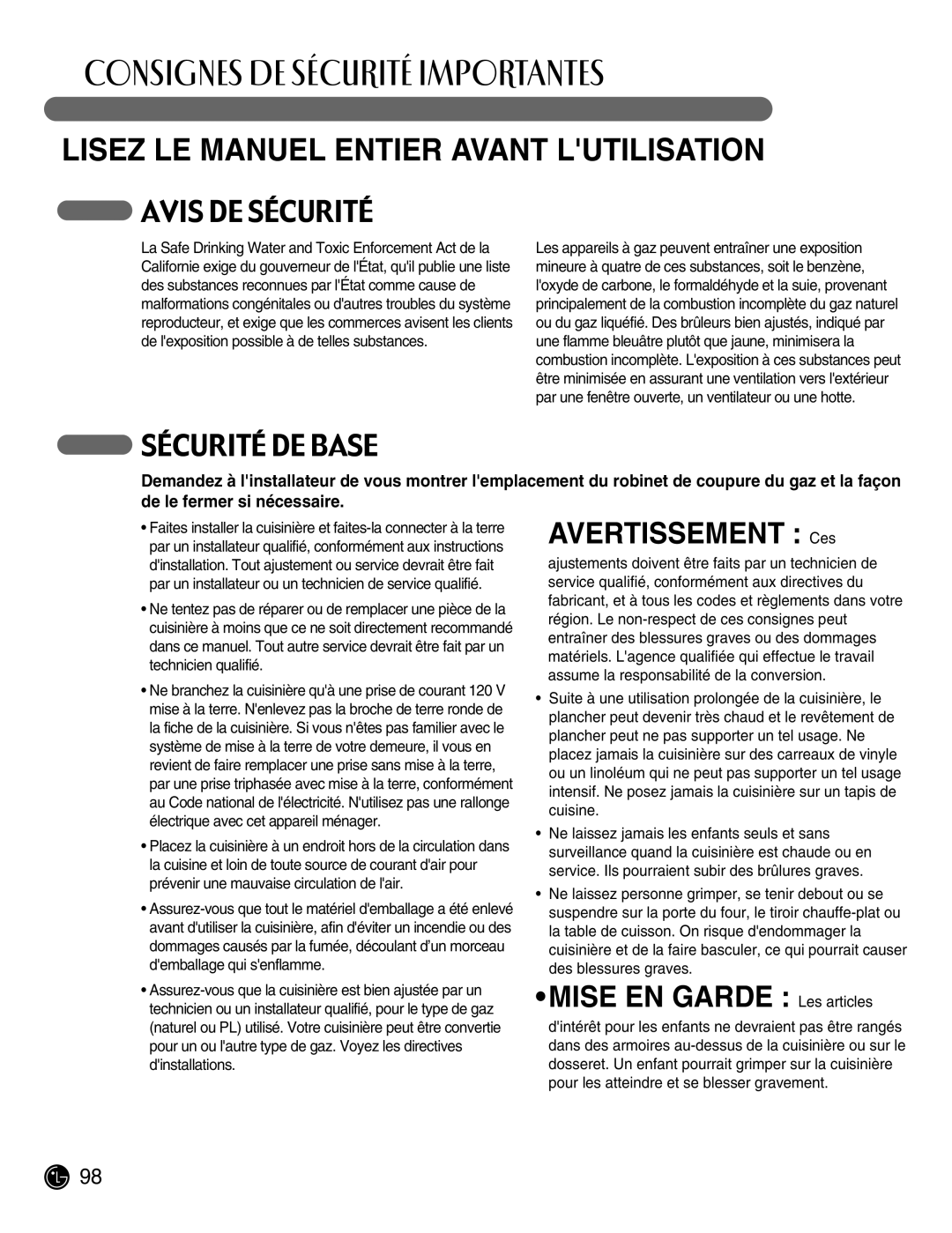 LG Electronics LRG30855ST, LRG30355ST manuel dutilisation Avis DE Sécurité, Sécurité DE Base 