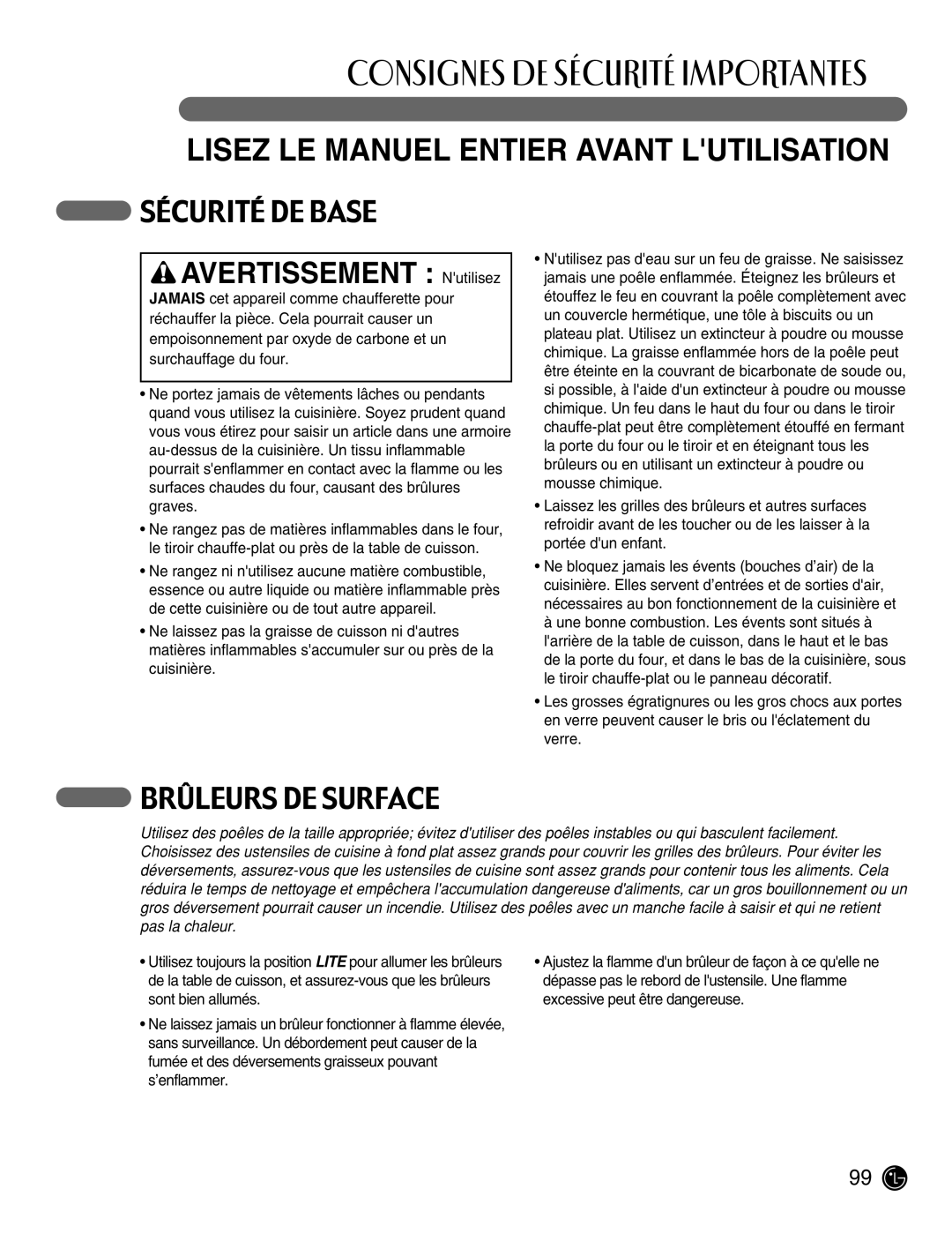 LG Electronics LRG30355ST, LRG30855ST manuel dutilisation Avertissement Nutilisez, Brûleurs DE Surface 