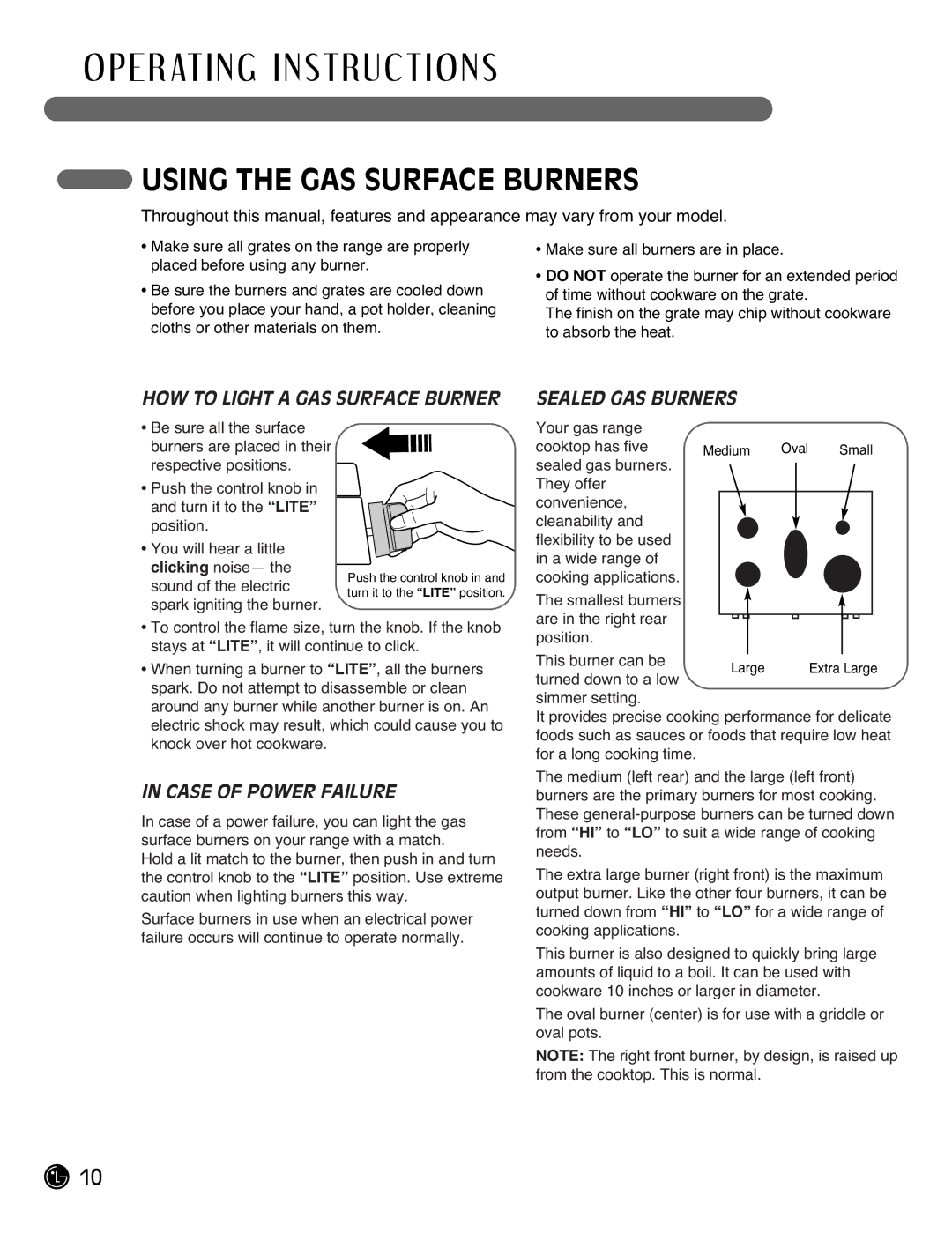 LG Electronics LRG3093SW, LRG3093SB Using the GAS Surface Burners, HOW to Light a GAS Surface Burner Sealed GAS Burners 