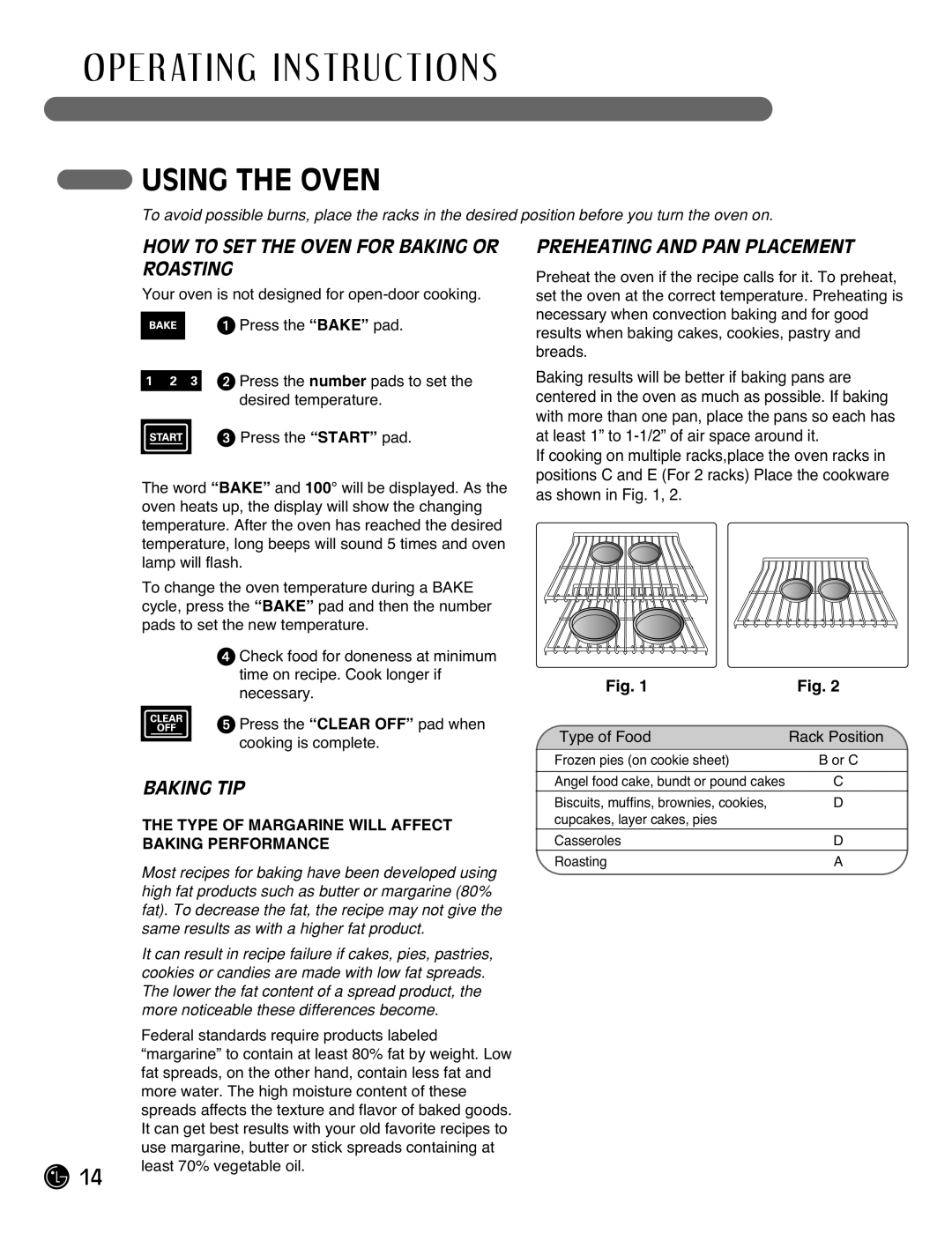 LG Electronics LRG3093ST, LRG3093SB HOW to SET the Oven for Baking or Roasting, Baking TIP, Preheating and PAN Placement 