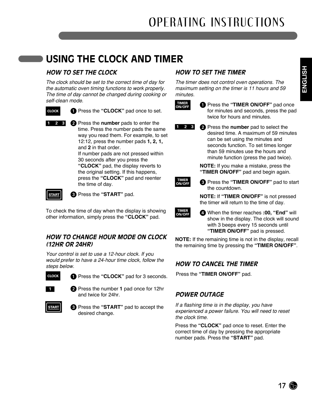 LG Electronics LRG3093ST Using the Clock and Timer, HOW to SET the Clock, HOW to SET the Timer, HOW to Cancel the Timer 