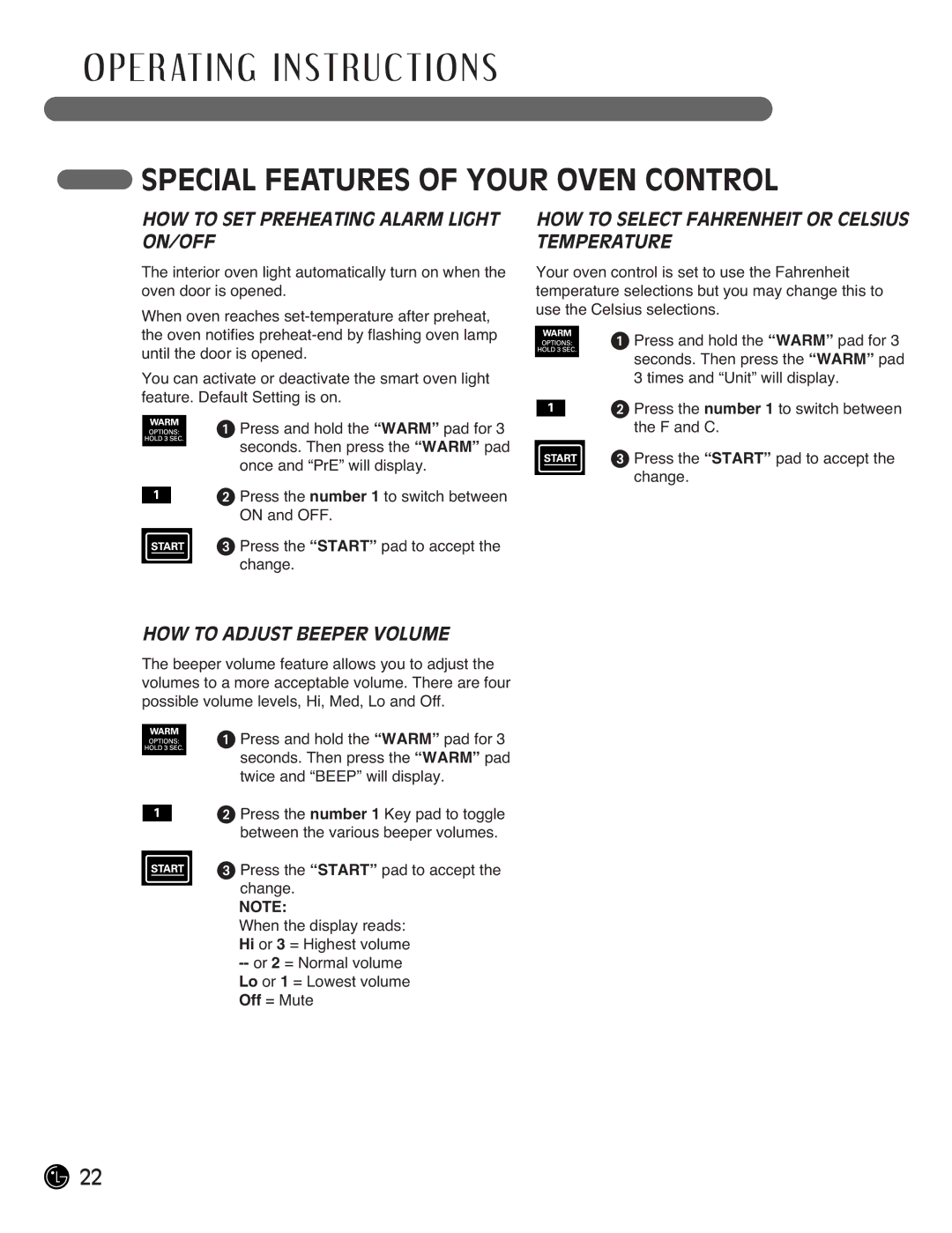 LG Electronics LRG3093SW manual HOW to SET Preheating Alarm Light ON/OFF, HOW to Select Fahrenheit or Celsius Temperature 