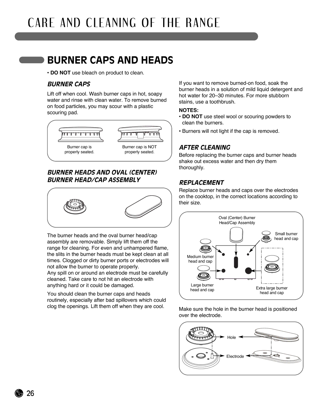 LG Electronics LRG3093ST, LRG3093SB, LRG3093SW manual Burner Caps and Heads, After Cleaning, Replacement 