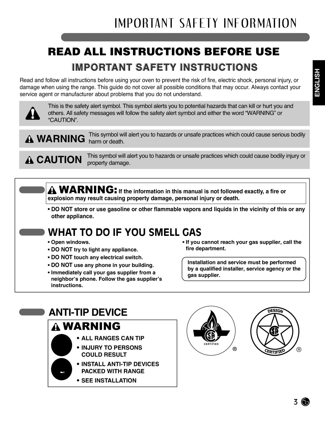 LG Electronics LRG3093SB, LRG3093SW, LRG3093ST manual Read ALL Instructions Before USE, What to do if YOU Smell GAS 