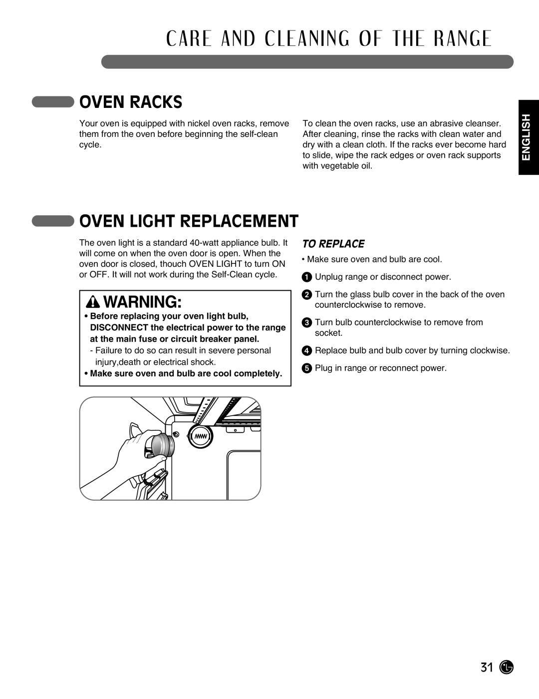 LG Electronics LRG3093SW, LRG3093SB, LRG3093ST manual Oven Racks, Oven Light Replacement, To Replace 