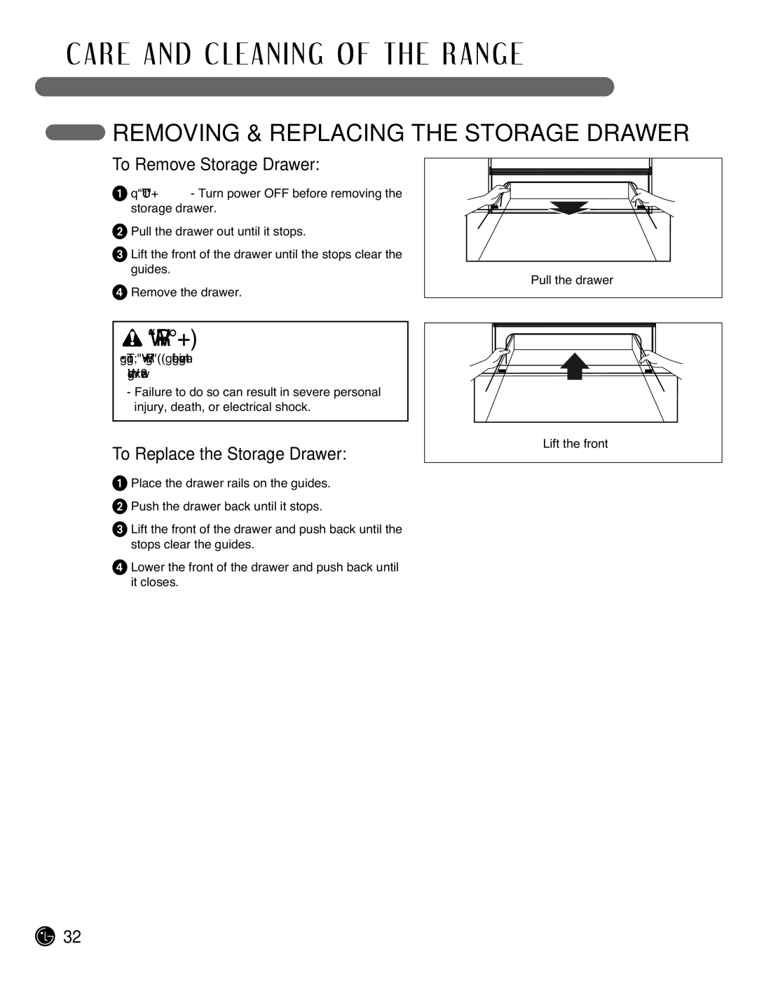 LG Electronics LRG3093ST, LRG3093SB, LRG3093SW manual Removing & Replacing the Storage Drawer, To Remove Storage Drawer 