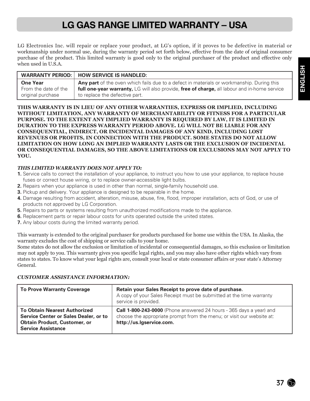 LG Electronics LRG3093SW, LRG3093SB, LRG3093ST manual LG GAS Range Limited Warranty USA 