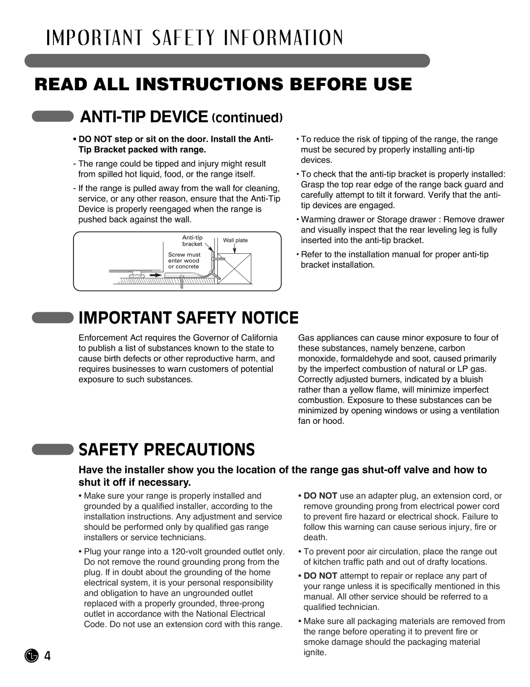 LG Electronics LRG3093SW, LRG3093SB, LRG3093ST manual Important Safety Notice, Safety Precautions 