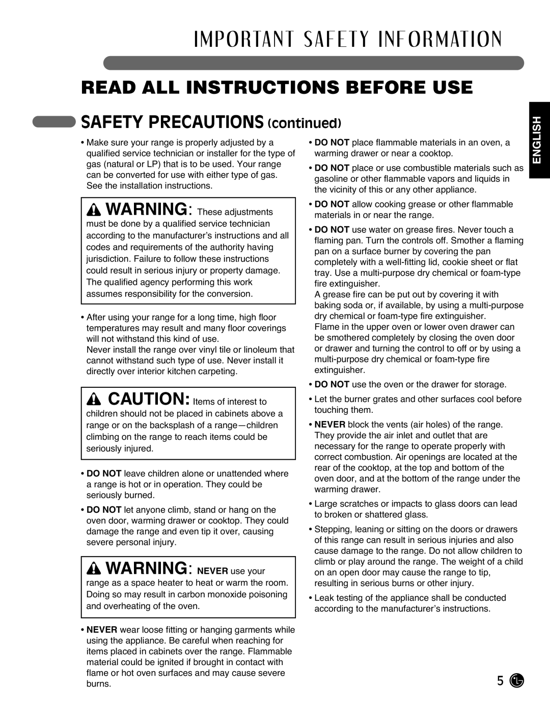 LG Electronics LRG3093ST, LRG3093SB, LRG3093SW manual Safety Precautions 