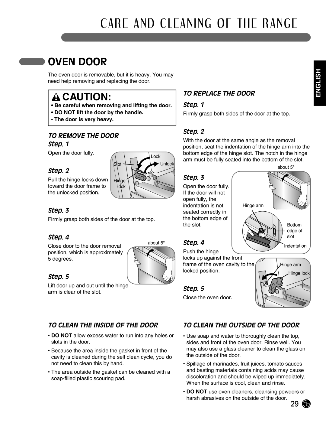 LG Electronics LRG3093ST Oven Door, TO REPLACE THE DOOR Step, To Remove The Door, To Clean The Inside Of The Door, English 