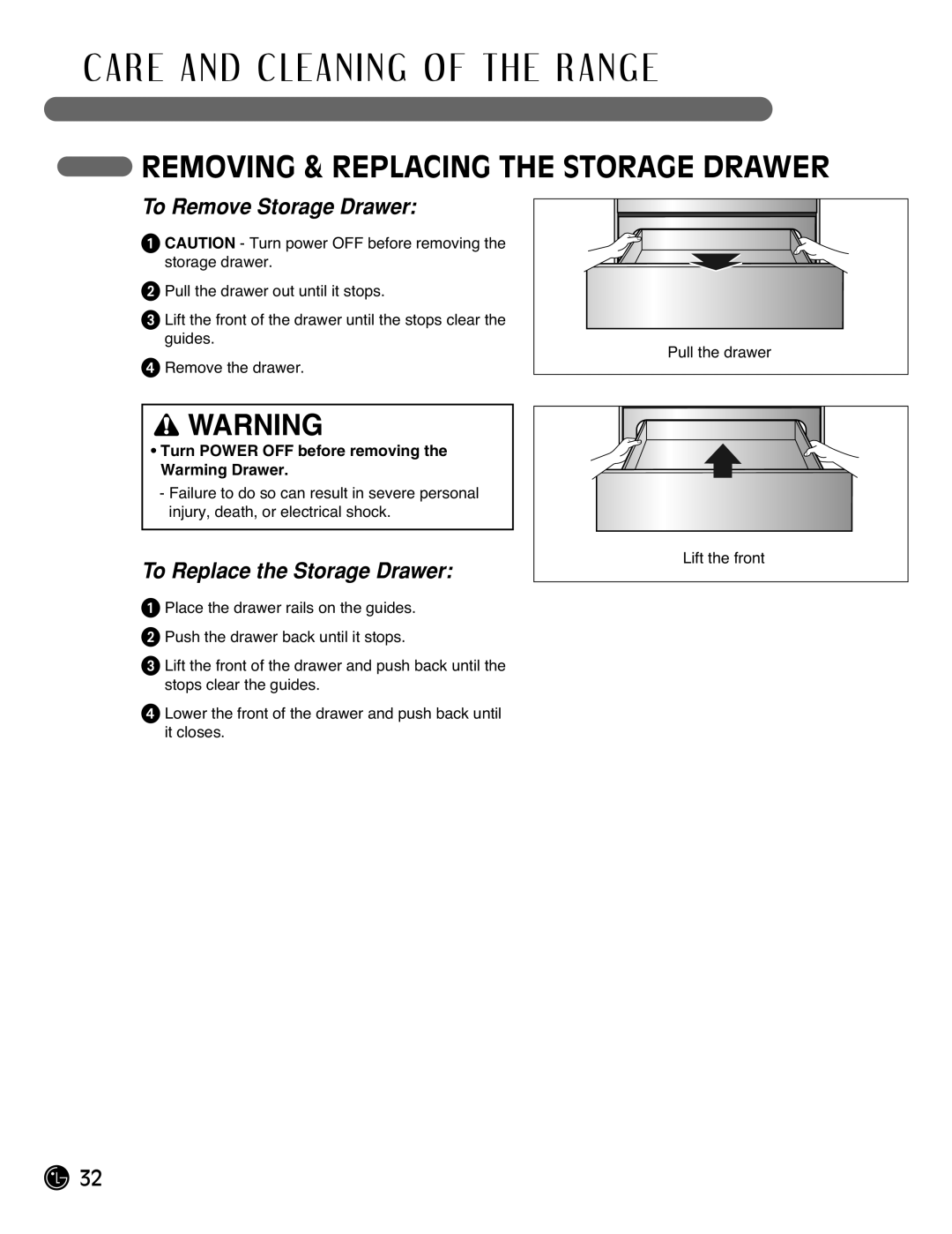 LG Electronics LRG3093ST manual Removing & Replacing The Storage Drawer, C A R E A N D C L E A N I N G O F T H E R A N G E 