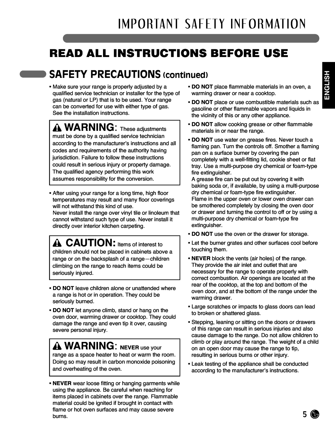 LG Electronics LRG3093ST, LRG3093SB SAFETY PRECAUTIONS continued, WARNING NEVER use your, Read All Instructions Before Use 