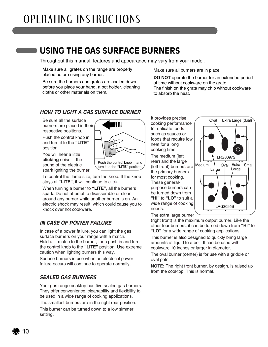 LG Electronics LRG3095ST manual Using the GAS Surface Burners, HOW to Light a GAS Surface Burner, Case of Power Failure 